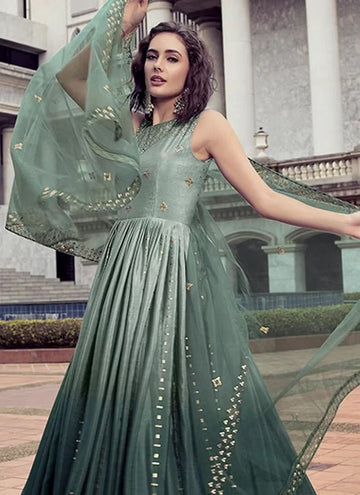 Green Embroidery  Santoon Silk  Anarkali Flared Long  Gown