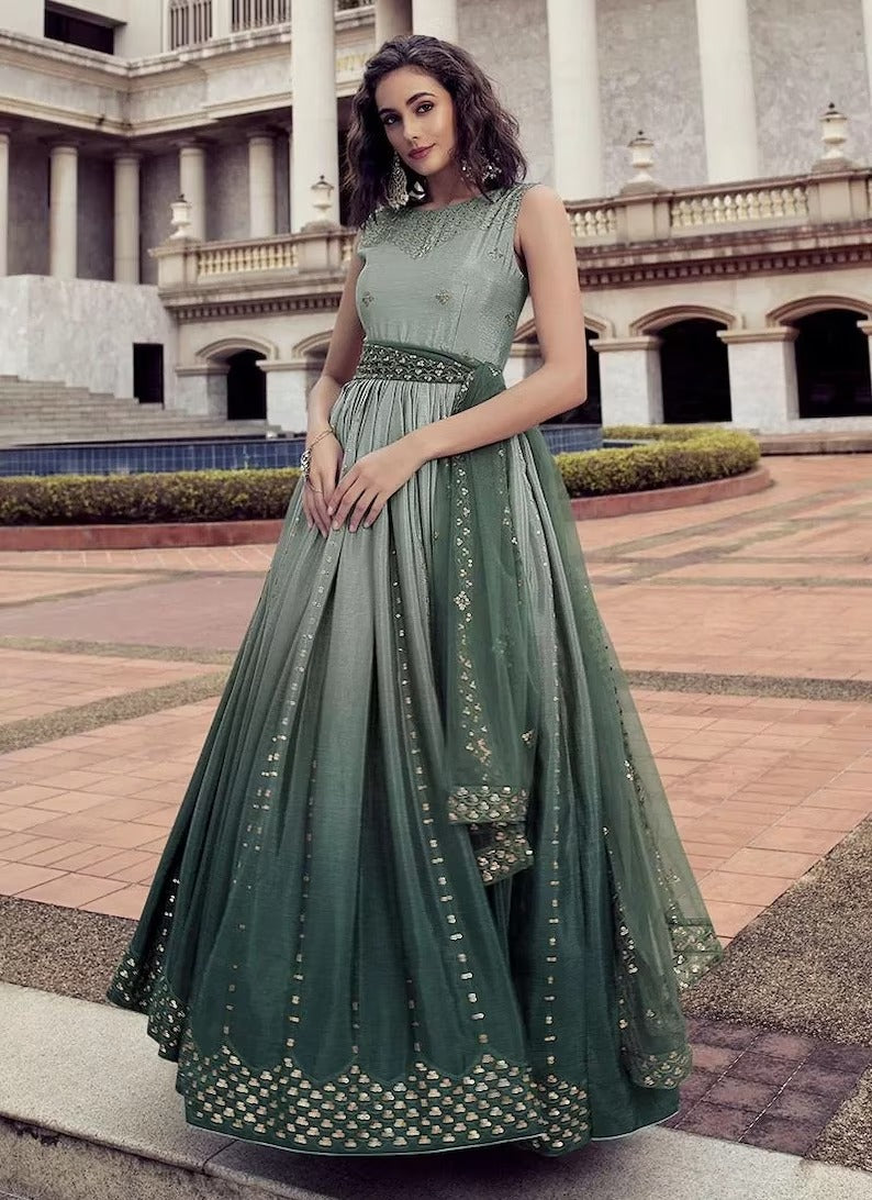 Green Embroidery  Santoon Silk  Anarkali Flared Long  Gown
