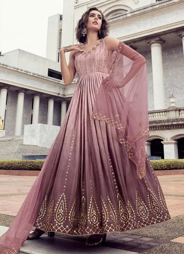 Purple Embroidery   Santoon Silk  Anarkali Flared Long  Gown