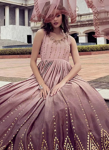 Purple Embroidery   Santoon Silk  Anarkali Flared Long  Gown