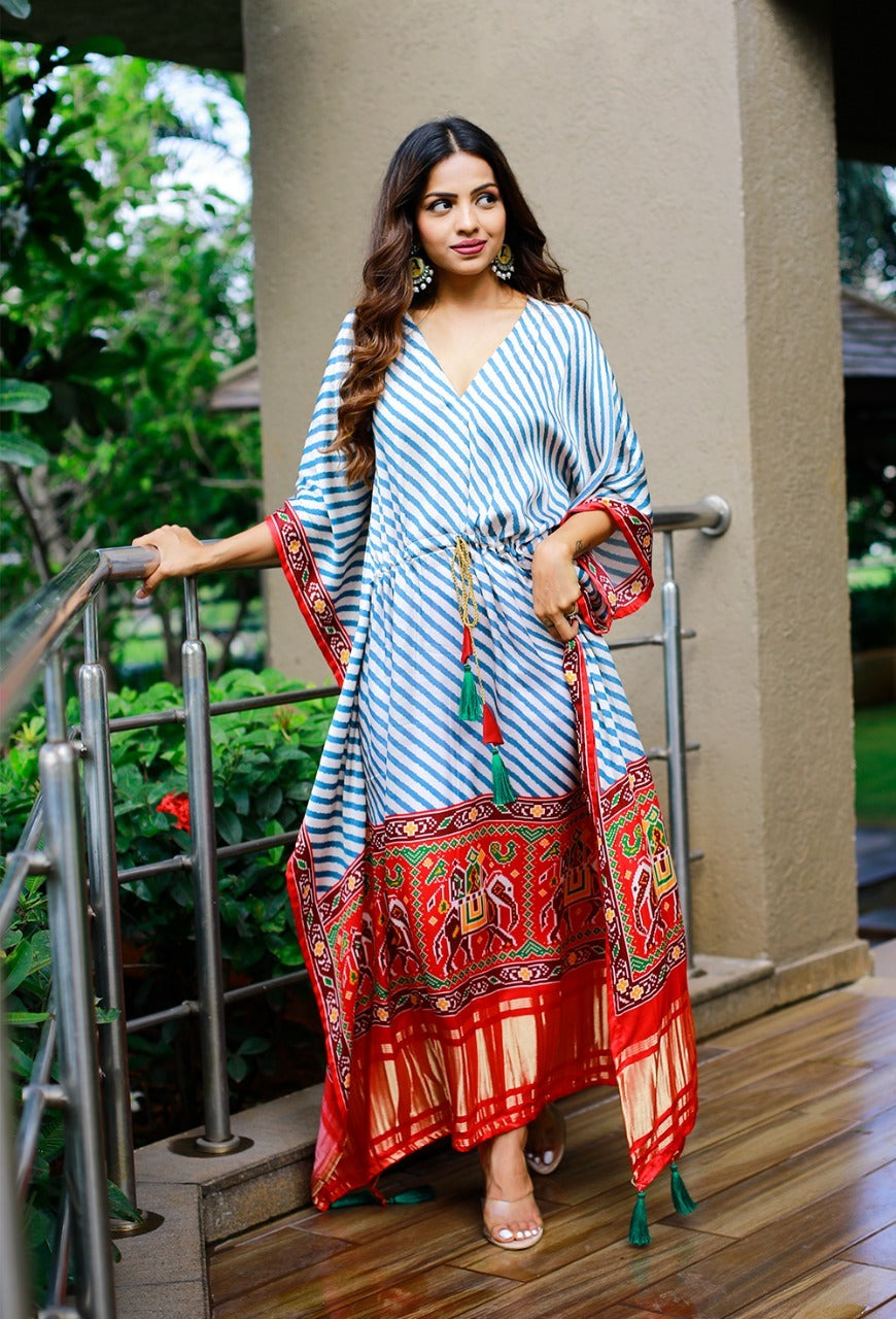 Blue  Bandhej Digital Print with Gotta Patti  Work Kaftan For Women