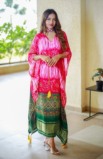 Pink  Bandhej Digital Print with Gotta Patti  Work Kaftan For Women