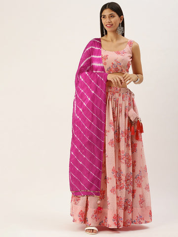 Pink  Printed and Thread, Sequence Embroidery Work  lehenga choli with  Leheriya Bandhej dupatta