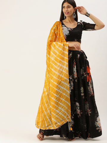 Black   Printed and Thread,  Sequence Embroidery Work  lehenga choli with  Leheriya Bandhejdupatta