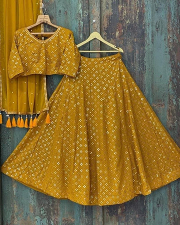 Yellow  Zari and Sequence Embroidery Work lehenga choli with Georgette dupatta