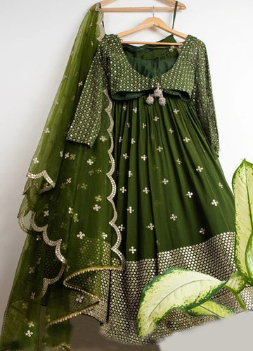Green   Sequence Embroidery Work  lehenga choli with Net dupatta