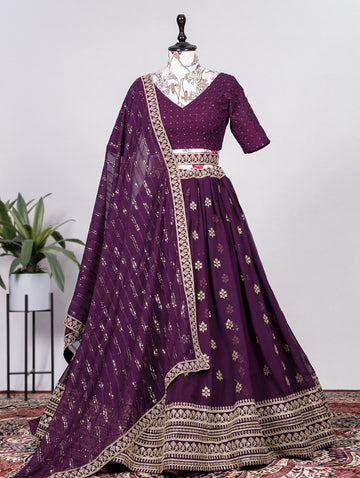Purple  Crochet Work wedding party wear lehenga choli with nazmeen dupatta