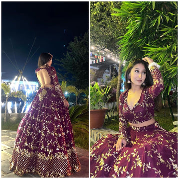 Purple  Zari and Sequence Embroidery Work lehenga choli with Georgette  dupatta