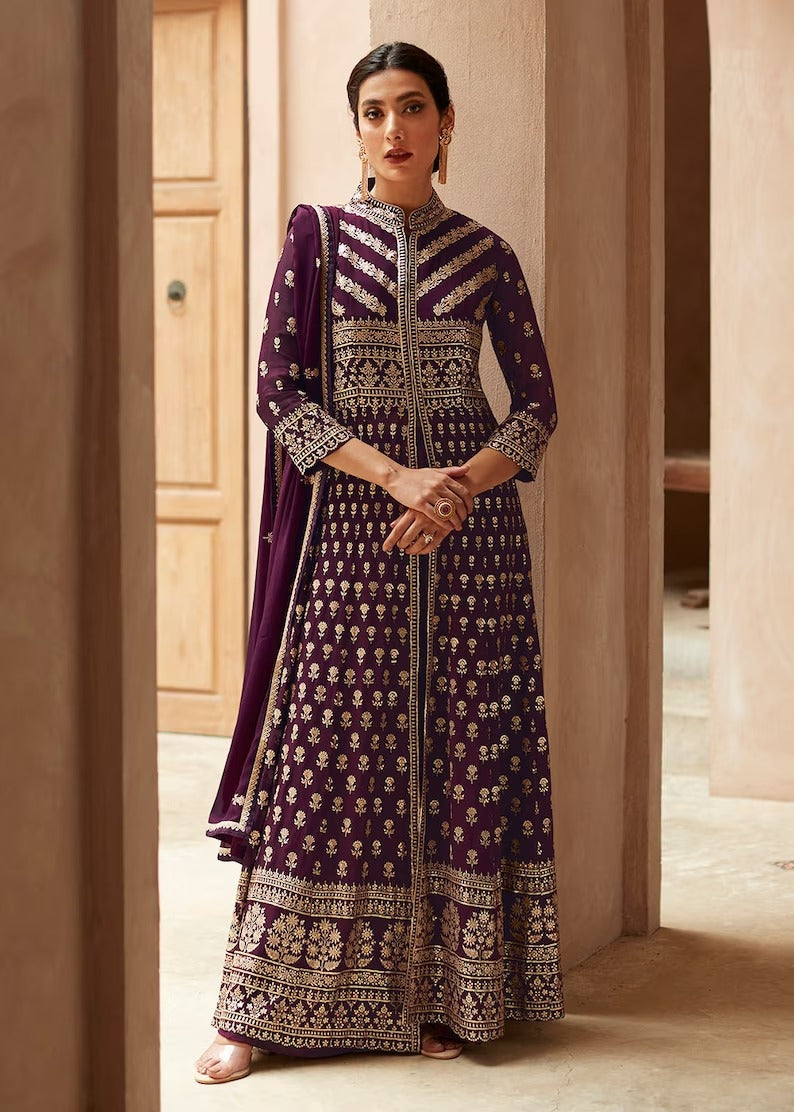 Purple  Sequence Zari Embroidery Work Kurti For Women