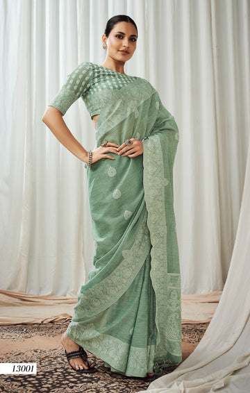 Pista Green Soft Luckhnowi Rich Pallu weaving Linen  saree for women
