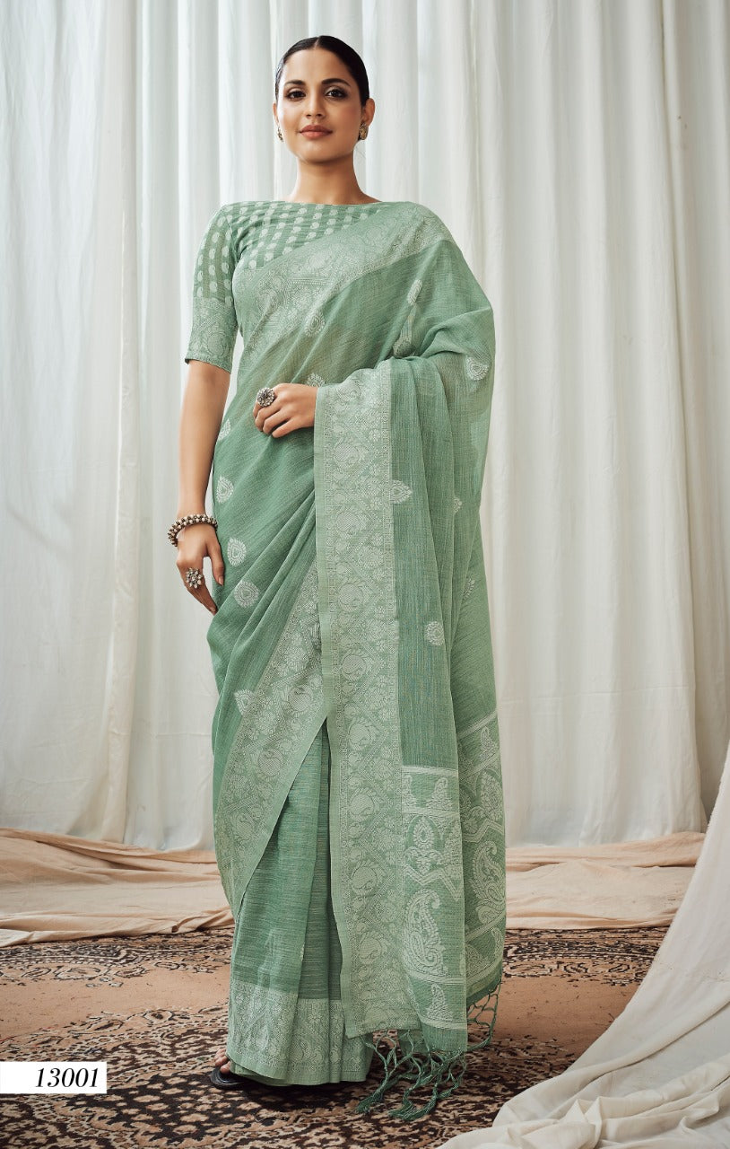 Pista Green Soft Luckhnowi Rich Pallu weaving Linen  saree for women