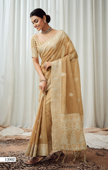 Yellow Soft Luckhnowi Rich Pallu weaving Linen  saree for women