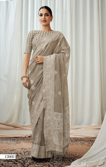 Brown Soft Luckhnowi Rich Pallu weaving Linen  saree for women