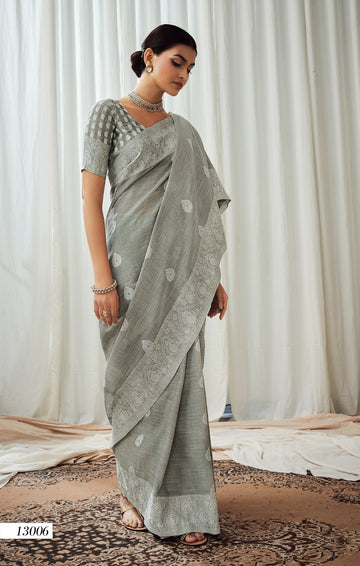 Gray Soft Luckhnowi Rich Pallu weaving Linen  saree for women