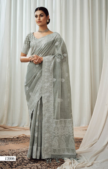 Gray Soft Luckhnowi Rich Pallu weaving Linen  saree for women
