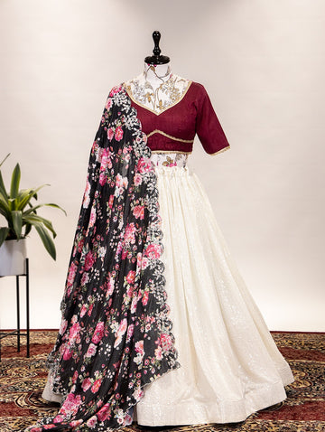 White and Red   Zari and Sequence, Thread  Embroidery Work lehenga choli with Chinon dupatta