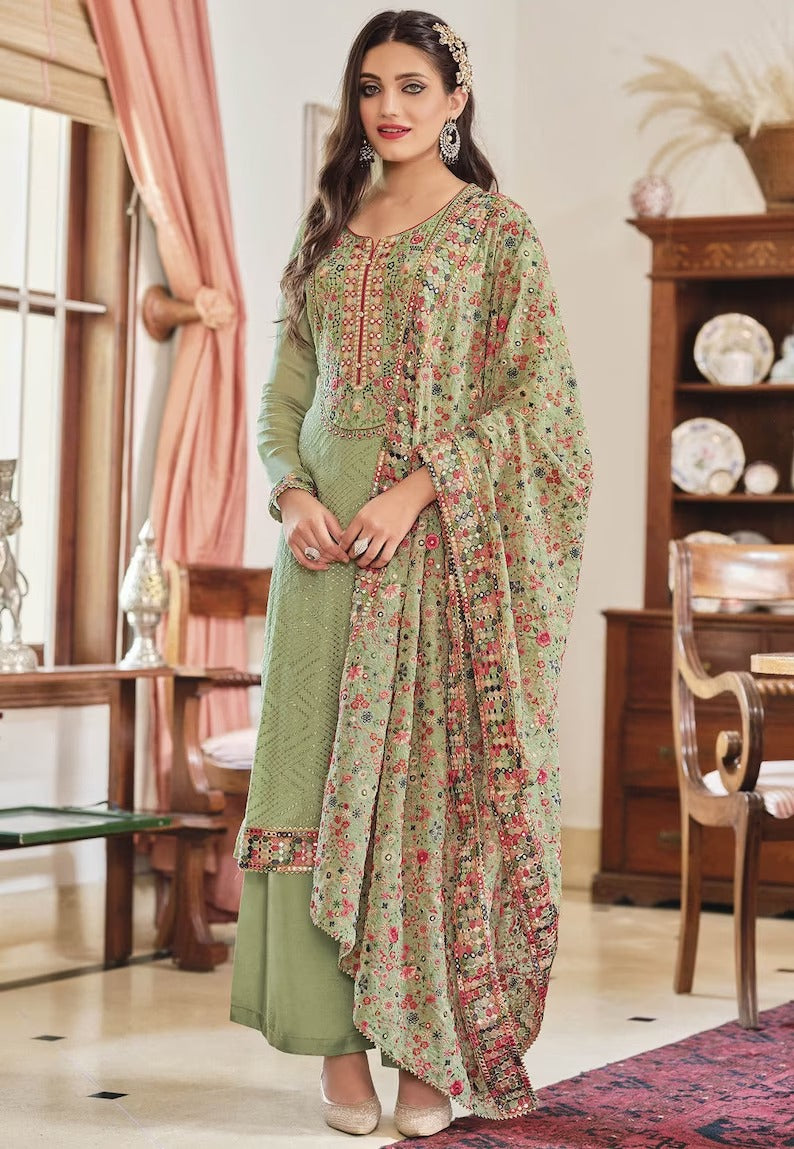 Green  Embroidery Work Plazzoo Suit For Women