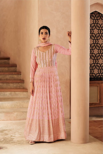 Light Pink Embroidery  Santoon Silk  Anarkali Flared Long  Gown