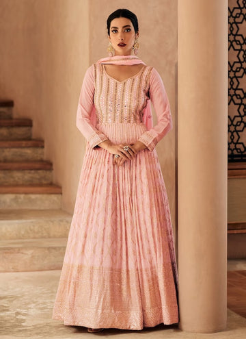 Light Pink Embroidery  Santoon Silk  Anarkali Flared Long  Gown