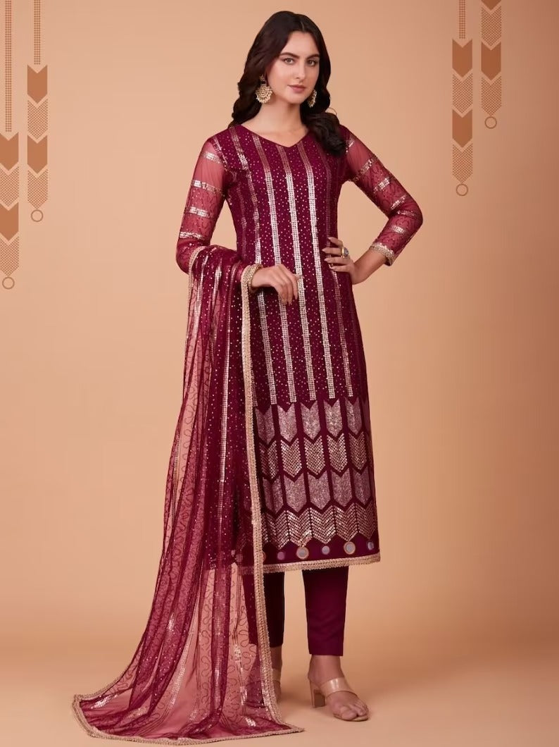 Red Butter Fly  Sequence Zari Embroidery Work Kurti For Women