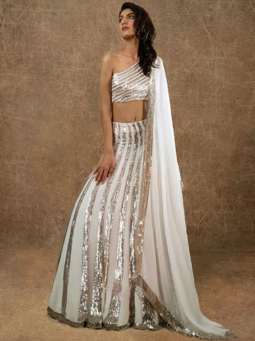 Off white  Zari and Sequence Embroidery Work  lehenga choli with Georgette dupatta