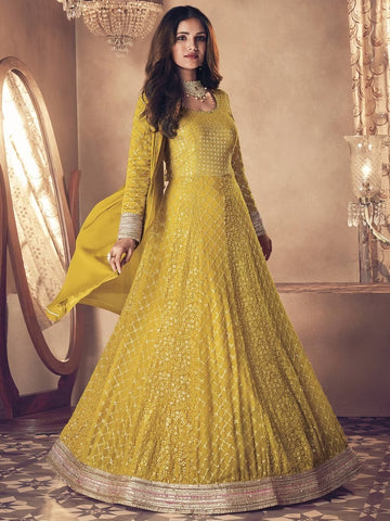 Yellow  Thread, Sequence Embroidery Work  Anarkali Flared Long  Gown