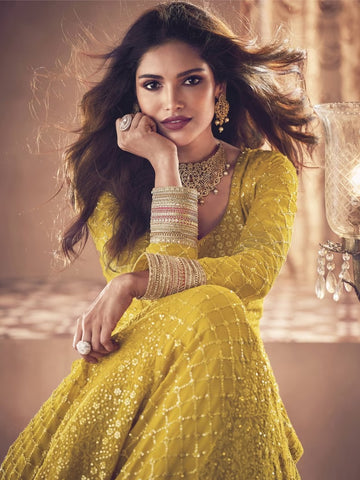 Yellow  Thread, Sequence Embroidery Work  Anarkali Flared Long  Gown