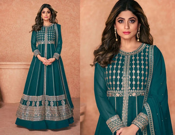 Teal Blue  Thread,Sequence Embroidery Work  Georgette Anarkali Flared Long  Gown