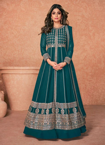 Teal Blue  Thread,Sequence Embroidery Work  Georgette Anarkali Flared Long  Gown