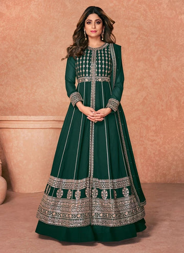 Green  Thread,Sequence Embroidery Work  Georgette Anarkali Flared Long Gown