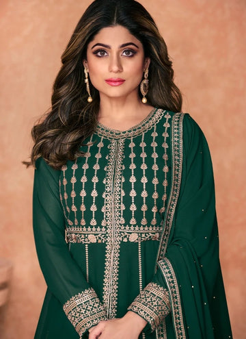 Green  Thread,Sequence Embroidery Work  Georgette Anarkali Flared Long Gown