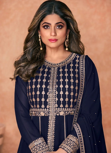 Black  Thread,Sequence Embroidery Work  Georgette Anarkali Flared Long Gown