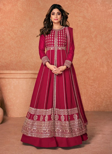 Pink   Thread,Sequence Embroidery Work  Georgette Anarkali Flared Long Gown