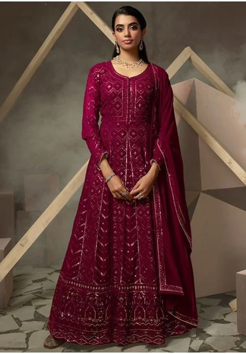 Red  Thread,Sequence Embroidery Work  Georgette Anarkali Flared Long  Gown