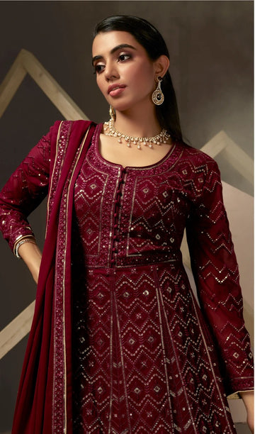 Red  Thread,Sequence Embroidery Work  Georgette Anarkali Flared Long  Gown