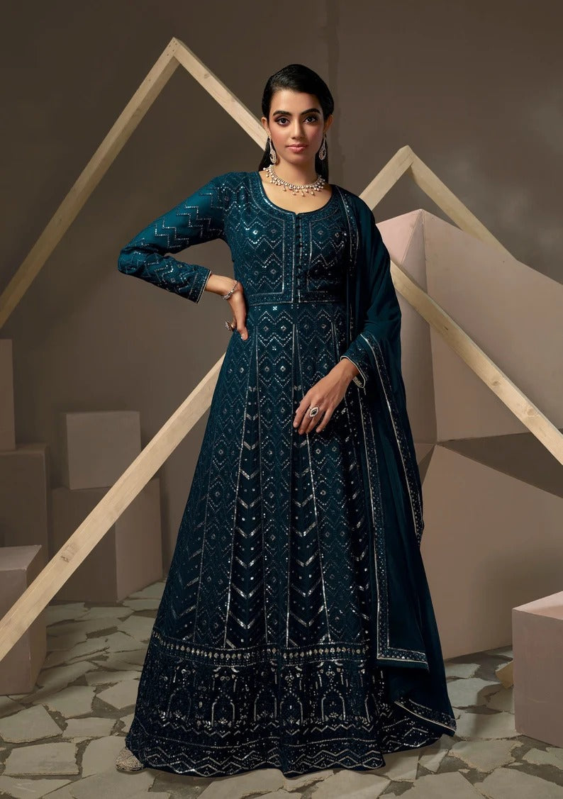 Blue  Thread,Sequence Embroidery Work  Georgette Anarkali Flared Long Gown