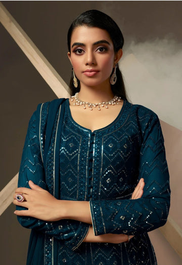 Blue  Thread,Sequence Embroidery Work  Georgette Anarkali Flared Long Gown