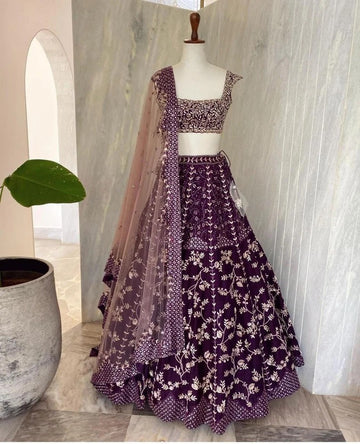Purple  Mirror and Sequence ,Thread Embroidery Work lehenga choli with Net dupatta