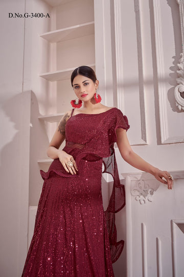 RED  Sequin Exclusive  Imported  Georgette Anarkali Flared Long  Gown
