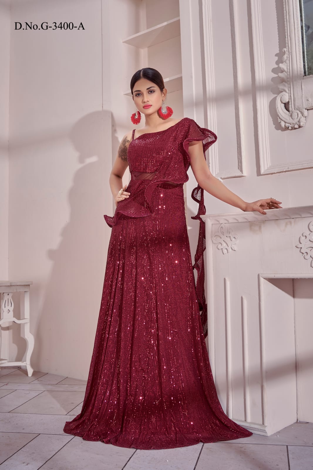 RED  Sequin Exclusive  Imported  Georgette Anarkali Flared Long  Gown