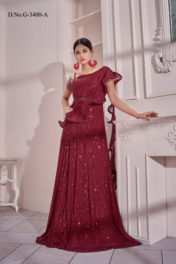 RED  Sequin Exclusive  Imported  Georgette Anarkali Flared Long  Gown