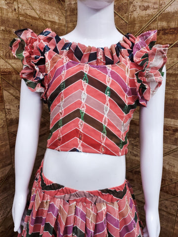 Pink to magenta multi color Zari and  Sequence Embroidery Work  lehenga choli for Kids