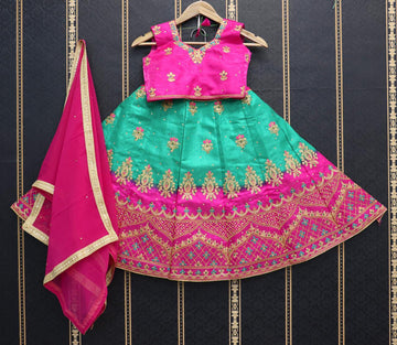 Pink and Teal Green   Zari and  Sequence Embroidery Work  lehenga choli for Kids