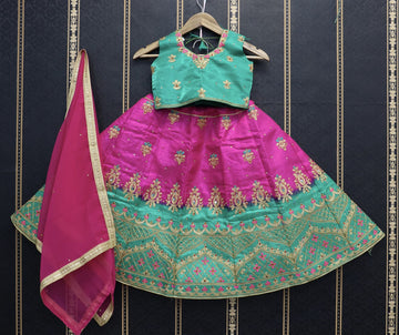 Teal Green and Pink  Zari and  Sequence Embroidery Work  lehenga choli for Kids
