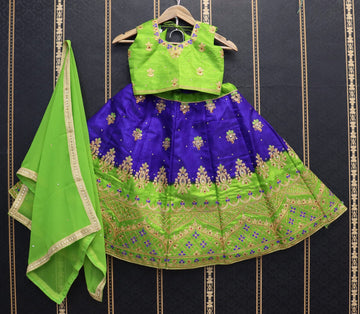 Green and Blue  Zari and  Sequence Embroidery Work  lehenga choli for Kids