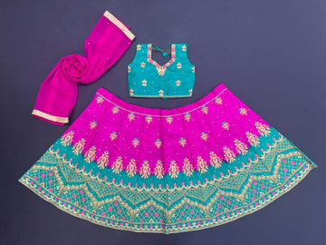 Teal Green and Pink  Zari and  Sequence Embroidery Work  lehenga choli for Kids