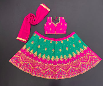 Pink and Teal Green   Zari and  Sequence Embroidery Work  lehenga choli for Kids
