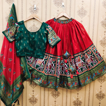 Red and green Zari and Designer Foil Work Lehenga choli for Kids