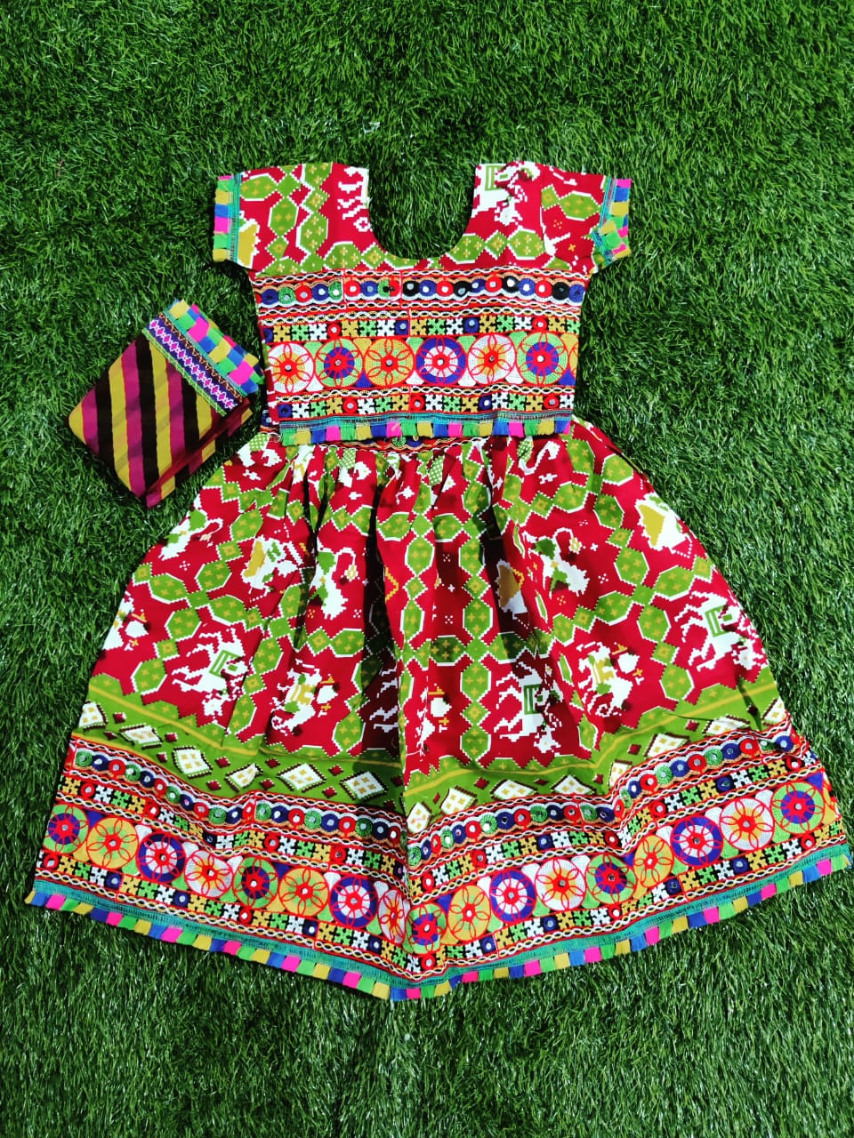 Red  and Green  Mirror and Sequence Embroidery Work lehenga choli for Kids