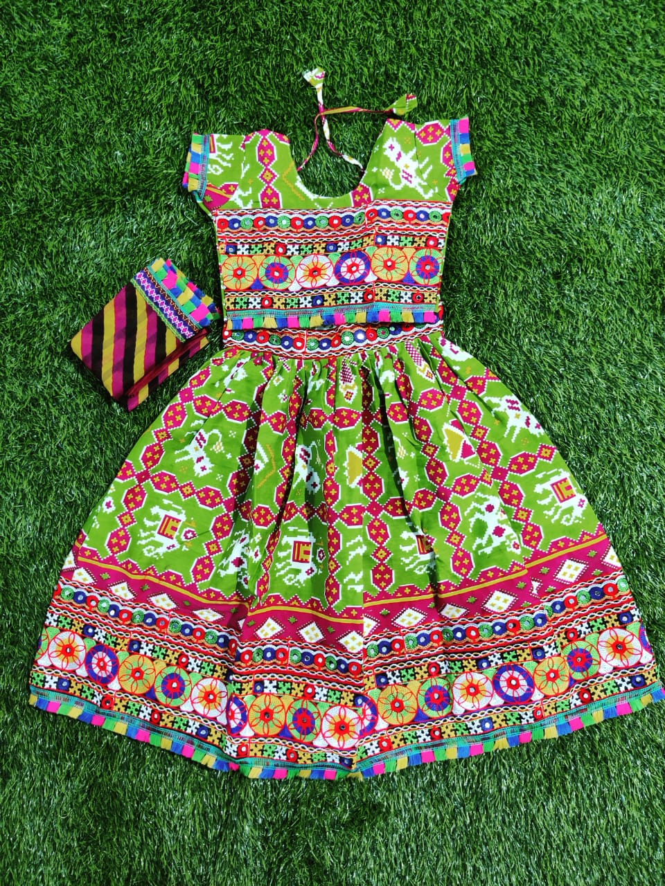 Green Mirror and Sequence Embroidery Work lehenga choli for Kids